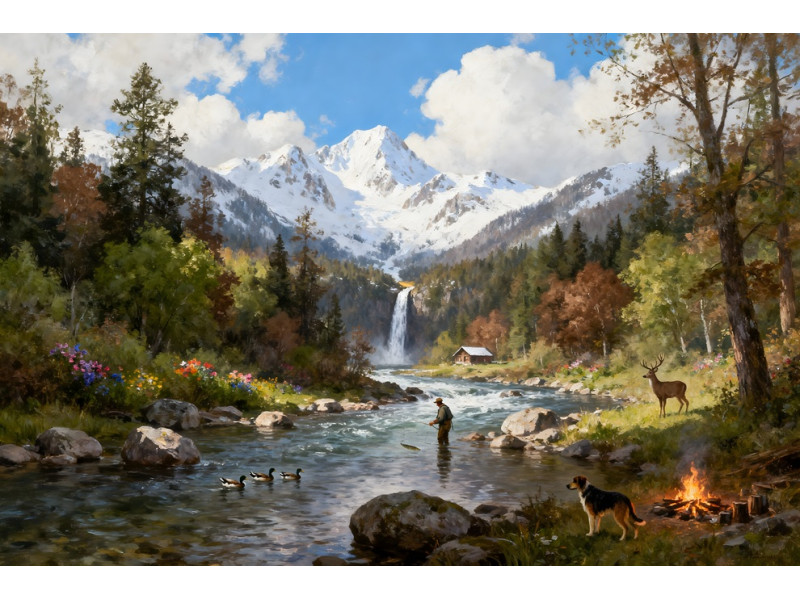 Tablou Canvas Cabana ideala 46, 80 x 50 cm, natura, peisaj, stil pictura, sasiu de lemn, panza de bumbac 90%, agatatoare invizibila