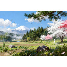 Tablou Canvas Peisaj in Japonia 1, 80x50 cm, natura, flori, lac, padure, rau, stil pictura, sasiu de lemn, panza de bumbac 90%, agatatoare invizibilla