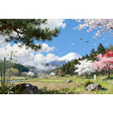Tablou Canvas Peisaj in Japonia 2, 80x50 cm, natura, flori, lac, padure, rau, stil pictura, sasiu de lemn, panza de bumbac 90%, agatatoare invizibilla