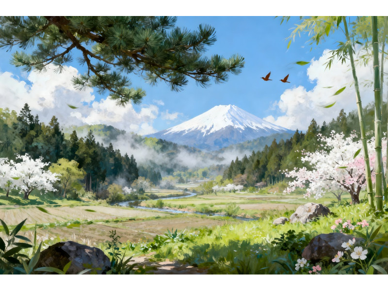 Tablou Canvas Peisaj in Japonia 4, 80x50 cm, natura, flori, lac, padure, rau, stil pictura, sasiu de lemn, panza de bumbac 90%, agatatoare invizibilla