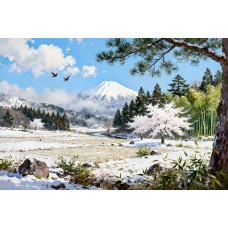 Tablou Canvas Peisaj in Japonia 5, 80x50 cm, natura, flori, lac, padure, rau, stil pictura, sasiu de lemn, panza de bumbac 90%, agatatoare invizibilla