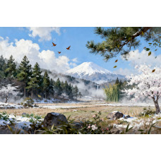 Tablou Canvas Peisaj in Japonia 6, 80x50 cm, natura, flori, lac, padure, rau, stil pictura, sasiu de lemn, panza de bumbac 90%, agatatoare invizibilla