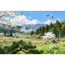Tablou Canvas Peisaj in Japonia 7, 80x50 cm, natura, flori, lac, padure, rau, stil pictura, sasiu de lemn, panza de bumbac 90%, agatatoare invizibilla