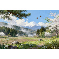 Tablou Canvas Peisaj in Japonia 8, 80x50 cm, natura, flori, lac, padure, rau, stil pictura, sasiu de lemn, panza de bumbac 90%, agatatoare invizibilla