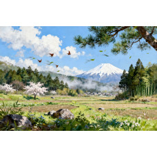 Tablou Canvas Peisaj in Japonia 9, 80x50 cm, natura, flori, lac, padure, rau, stil pictura, sasiu de lemn, panza de bumbac 90%, agatatoare invizibilla