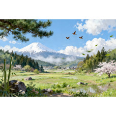 Tablou Canvas Peisaj in Japonia 10, 80x50 cm, natura, flori, lac, padure, rau, stil pictura, sasiu de lemn, panza de bumbac 90%, agatatoare invizibilla