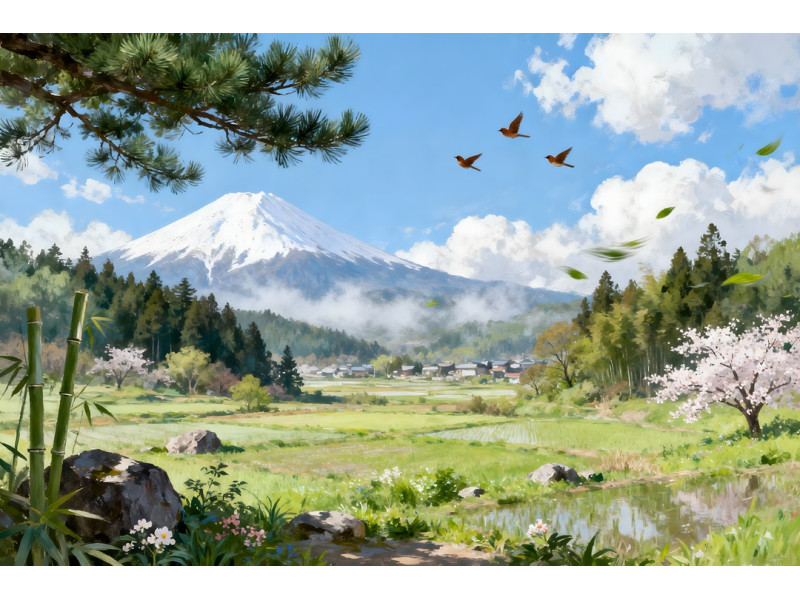 Tablou Canvas Peisaj in Japonia 10, 80x50 cm, natura, flori, lac, padure, rau, stil pictura, sasiu de lemn, panza de bumbac 90%, agatatoare invizibilla