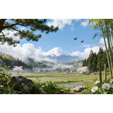 Tablou Canvas Peisaj in Japonia 11, 80x50 cm, natura, flori, lac, padure, rau, stil pictura, sasiu de lemn, panza de bumbac 90%, agatatoare invizibilla