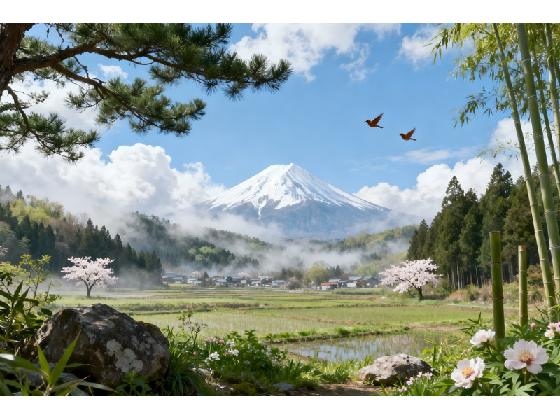 Tablou Canvas Peisaj in Japonia 11, 80x50 cm, natura, flori, lac, padure, rau, stil pictura, sasiu de lemn, panza de bumbac 90%, agatatoare invizibilla