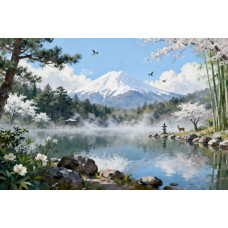 Tablou Canvas Peisaj in Japonia 12, 80x50 cm, natura, flori, lac, padure, rau, stil pictura, sasiu de lemn, panza de bumbac 90%, agatatoare invizibilla