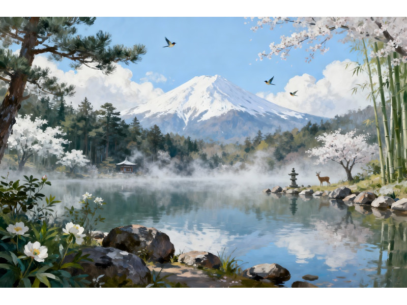Tablou Canvas Peisaj in Japonia 12, 80x50 cm, natura, flori, lac, padure, rau, stil pictura, sasiu de lemn, panza de bumbac 90%, agatatoare invizibilla
