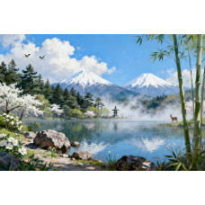 Tablou Canvas Peisaj in Japonia 13, 80x50 cm, natura, flori, lac, padure, rau, stil pictura, sasiu de lemn, panza de bumbac 90%, agatatoare invizibilla