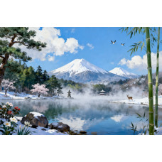 Tablou Canvas Peisaj in Japonia 14, 80x50 cm, natura, flori, lac, padure, rau, stil pictura, sasiu de lemn, panza de bumbac 90%, agatatoare invizibilla