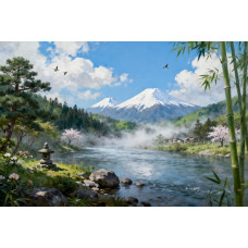 Tablou Canvas Peisaj in Japonia 15, 80x50 cm, natura, flori, lac, padure, rau, stil pictura, sasiu de lemn, panza de bumbac 90%, agatatoare invizibilla