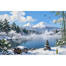 Tablou Canvas Peisaj in Japonia 16, 80x50 cm, natura, flori, lac, padure, rau, stil pictura, sasiu de lemn, panza de bumbac 90%, agatatoare invizibilla
