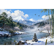 Tablou Canvas Peisaj in Japonia 17, 80x50 cm, natura, flori, lac, padure, rau, stil pictura, sasiu de lemn, panza de bumbac 90%, agatatoare invizibilla