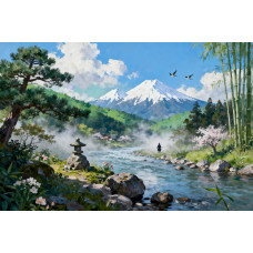 Tablou Canvas Peisaj in Japonia 18, 80x50 cm, natura, flori, lac, padure, rau, stil pictura, sasiu de lemn, panza de bumbac 90%, agatatoare invizibilla
