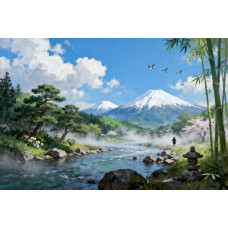 Tablou Canvas Peisaj in Japonia 19, 80x50 cm, natura, flori, lac, padure, rau, stil pictura, sasiu de lemn, panza de bumbac 90%, agatatoare invizibilla