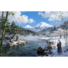Tablou Canvas Peisaj in Japonia 20, 80x50 cm, natura, flori, lac, padure, rau, stil pictura, sasiu de lemn, panza de bumbac 90%, agatatoare invizibilla