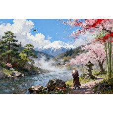 Tablou Canvas Peisaj in Japonia 21, 80x50 cm, natura, flori, lac, padure, rau, stil pictura, sasiu de lemn, panza de bumbac 90%, agatatoare invizibilla