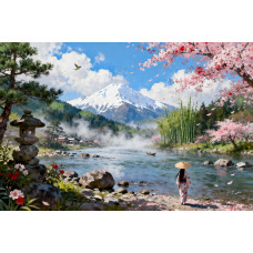 Tablou Canvas Peisaj in Japonia 22, 80x50 cm, natura, flori, lac, padure, rau, stil pictura, sasiu de lemn, panza de bumbac 90%, agatatoare invizibilla