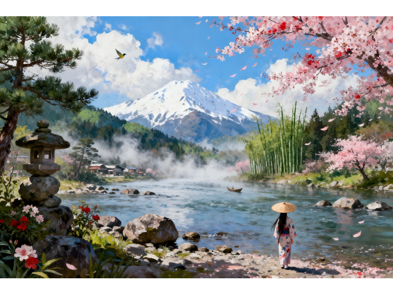 Tablou Canvas Peisaj in Japonia 22, 80x50 cm, natura, flori, lac, padure, rau, stil pictura, sasiu de lemn, panza de bumbac 90%, agatatoare invizibilla