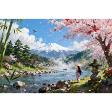 Tablou Canvas Peisaj in Japonia 23, 80x50 cm, natura, flori, lac, padure, rau, stil pictura, sasiu de lemn, panza de bumbac 90%, agatatoare invizibilla