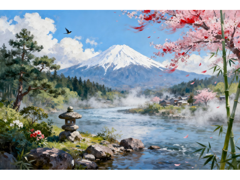 Tablou Canvas Peisaj in Japonia 26, 80x50 cm, natura, flori, lac, padure, rau, stil pictura, sasiu de lemn, panza de bumbac 90%, agatatoare invizibilla