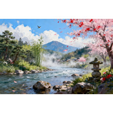 Tablou Canvas Peisaj in Japonia 27, 80x50 cm, natura, flori, lac, padure, rau, stil pictura, sasiu de lemn, panza de bumbac 90%, agatatoare invizibilla