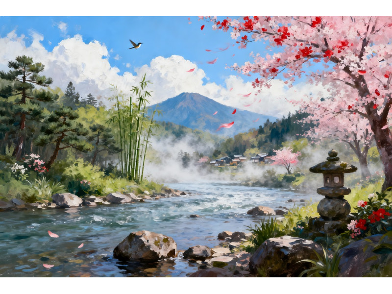 Tablou Canvas Peisaj in Japonia 27, 80x50 cm, natura, flori, lac, padure, rau, stil pictura, sasiu de lemn, panza de bumbac 90%, agatatoare invizibilla