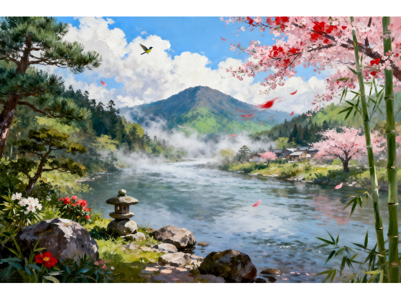 Tablou Canvas Peisaj in Japonia 28, 80x50 cm, natura, flori, lac, padure, rau, stil pictura, sasiu de lemn, panza de bumbac 90%, agatatoare invizibilla Tablou Canvas Peisaj in Japonia 28, 80x50 cm, natura, flori, lac, padure, rau, stil pictura, sasiu de lemn, panza de bumbac 90%, agatatoare invizibilla