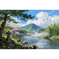 Tablou Canvas Peisaj in Japonia 30, 80x50 cm, natura, flori, lac, padure, rau, stil pictura, sasiu de lemn, panza de bumbac 90%, agatatoare invizibilla