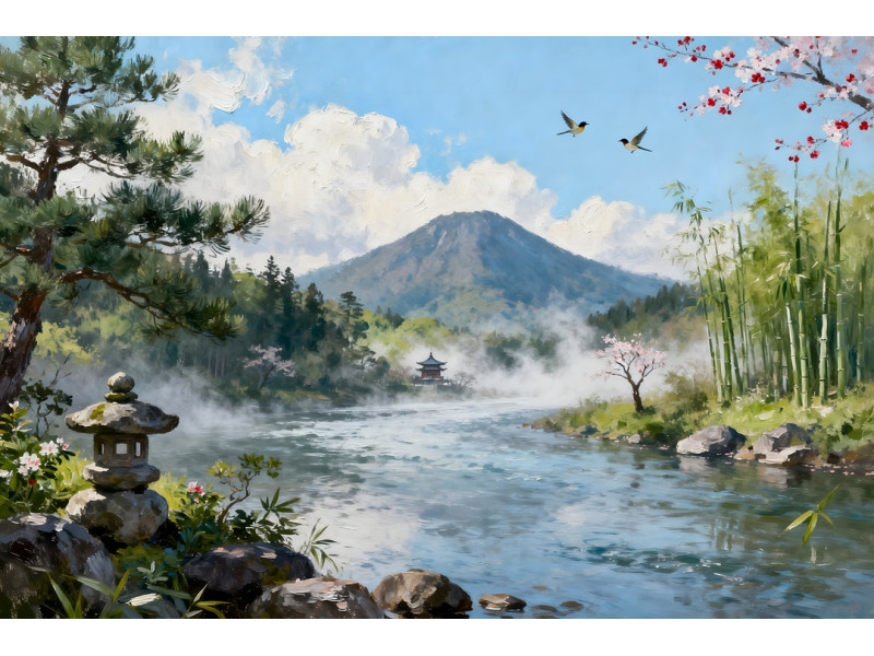 Tablou Canvas Peisaj in Japonia 31, 80x50 cm, natura, flori, lac, padure, rau, stil pictura, sasiu de lemn, panza de bumbac 90%, agatatoare invizibilla Tablou Canvas Peisaj in Japonia 31, 80x50 cm, natura, flori, lac, padure, rau, stil pictura, sasiu de lemn, panza de bumbac 90%, agatatoare invizibilla
