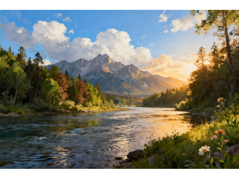 Tablou Canvas Peisaj in Japonia 36, 80x50 cm, natura, flori, lac, padure, rau, stil pictura, sasiu de lemn, panza de bumbac 90%, agatatoare invizibilla