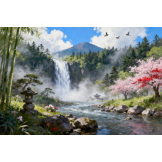 Tablou Canvas Cascada in japonia 1, 80x50 cm, natura, flori, lac, padure izvor, rau, stil pictura, sasiu de lemn, panza de bumbac 90%, agatatoare invizibilla