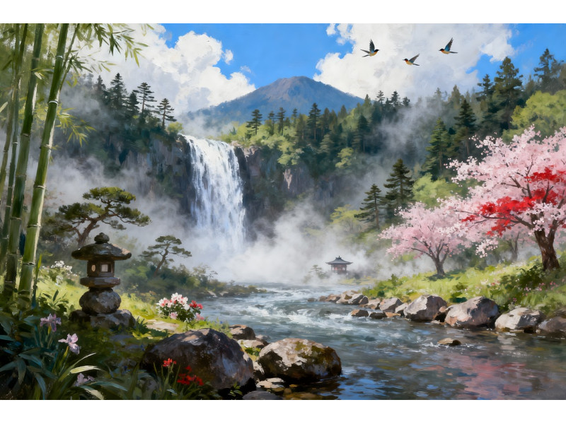Tablou Canvas Cascada in japonia 1, 80x50 cm, natura, flori, lac, padure izvor, rau, stil pictura, sasiu de lemn, panza de bumbac 90%, agatatoare invizibilla