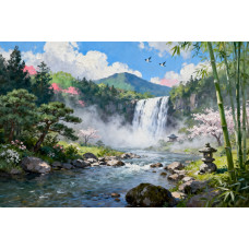 Tablou Canvas Cascada in japonia 2, 80x50 cm, natura, flori, lac, padure izvor, rau, stil pictura, sasiu de lemn, panza de bumbac 90%, agatatoare invizibilla