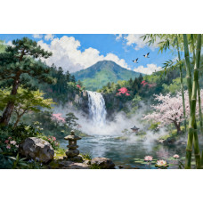 Tablou Canvas Cascada in japonia 3, 80x50 cm, natura, flori, lac, padure izvor, rau, stil pictura, sasiu de lemn, panza de bumbac 90%, agatatoare invizibilla