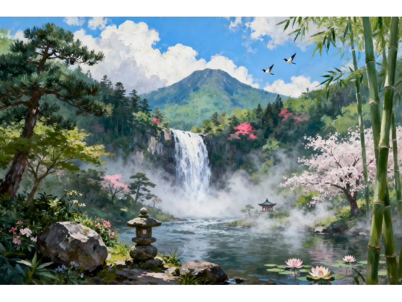 Tablou Canvas Cascada in japonia 3, 80x50 cm, natura, flori, lac, padure izvor, rau, stil pictura, sasiu de lemn, panza de bumbac 90%, agatatoare invizibilla
