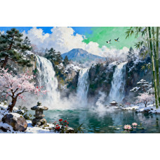 Tablou Canvas Cascada in japonia 4, 80x50 cm, natura, flori, lac, padure izvor, rau, stil pictura, sasiu de lemn, panza de bumbac 90%, agatatoare invizibilla