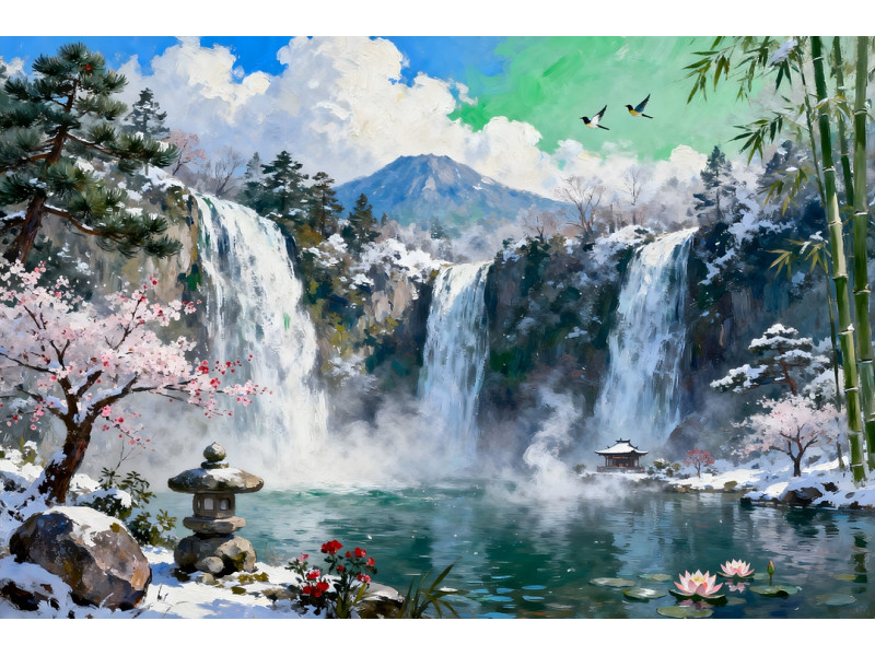 Tablou Canvas Cascada in japonia 4, 80x50 cm, natura, flori, lac, padure izvor, rau, stil pictura, sasiu de lemn, panza de bumbac 90%, agatatoare invizibilla