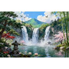 Tablou Canvas Cascada in japonia 5, 80x50 cm, natura, flori, lac, padure izvor, rau, stil pictura, sasiu de lemn, panza de bumbac 90%, agatatoare invizibilla