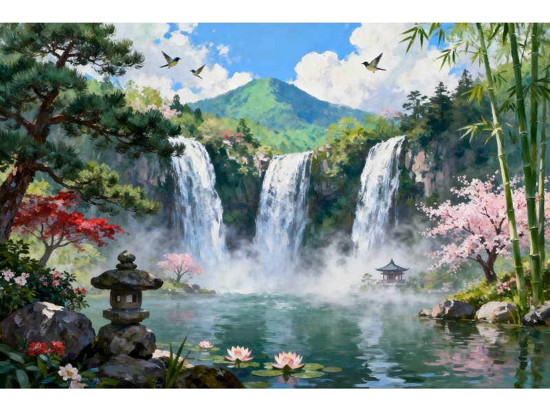 Tablou Canvas Cascada in japonia 5, 80x50 cm, natura, flori, lac, padure izvor, rau, stil pictura, sasiu de lemn, panza de bumbac 90%, agatatoare invizibilla