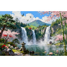 Tablou Canvas Cascada in japonia 6, 120x80 cm, natura, flori, lac, padure izvor, rau, stil pictura, sasiu de lemn, panza de bumbac 90%, agatatoare invizibilla