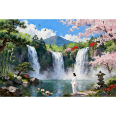 Tablou Canvas Cascada in japonia 7, 80x50 cm, natura, flori, lac, padure izvor, rau, stil pictura, sasiu de lemn, panza de bumbac 90%, agatatoare invizibilla