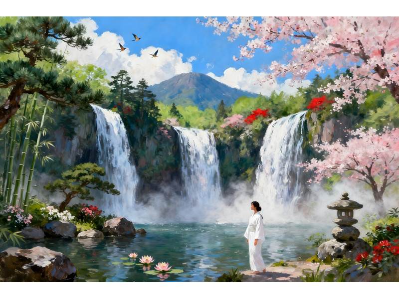 Tablou Canvas Cascada in japonia 7, 80x50 cm, natura, flori, lac, padure izvor, rau, stil pictura, sasiu de lemn, panza de bumbac 90%, agatatoare invizibilla
