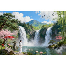 Tablou Canvas Cascada in japonia 8, 80x50 cm, natura, flori, lac, padure izvor, rau, stil pictura, sasiu de lemn, panza de bumbac 90%, agatatoare invizibilla