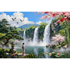 Tablou Canvas Cascada in japonia 9, 80x50 cm, natura, flori, lac, padure izvor, rau, stil pictura, sasiu de lemn, panza de bumbac 90%, agatatoare invizibilla