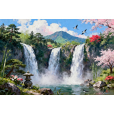 Tablou Canvas Cascada in japonia 10, 80x50 cm, natura, flori, lac, padure izvor, rau, stil pictura, sasiu de lemn, panza de bumbac 90%, agatatoare invizibilla