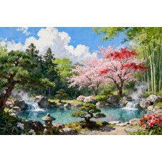 Tablou Canvas Cascada in japonia 11, 80x50 cm, natura, flori, lac, padure izvor, rau, stil pictura, sasiu de lemn, panza de bumbac 90%, agatatoare invizibilla
